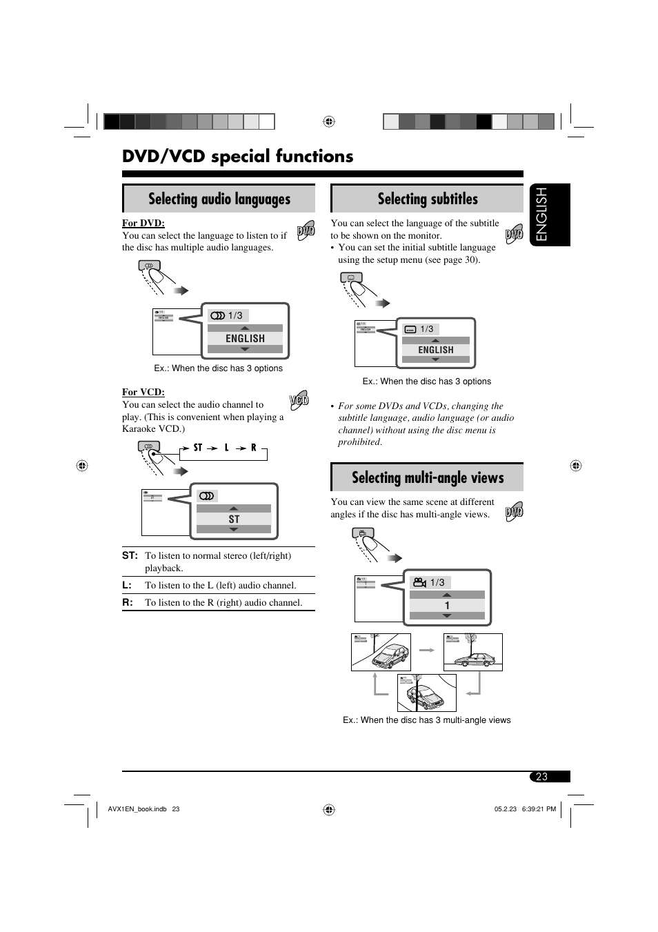 Dvd/vcd special functions, Selecting audio languages, Selecting subtitles | Selecting multi-angle views, English | JVC KD-AVX1 User Manual | Page 23 / 78