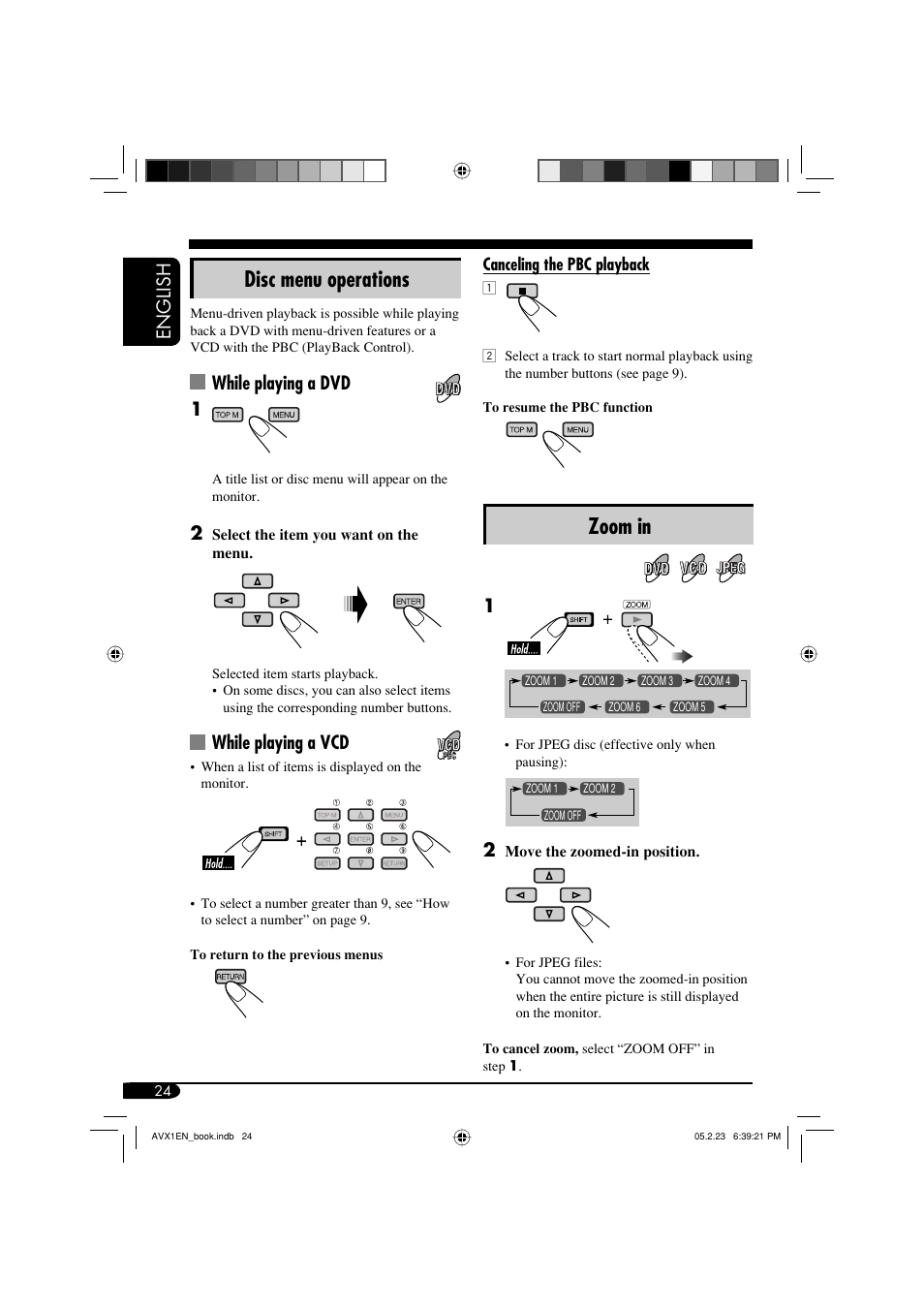 Zoom in, Disc menu operations, English | While playing a dvd 1, While playing a vcd | JVC KD-AVX1 User Manual | Page 24 / 78