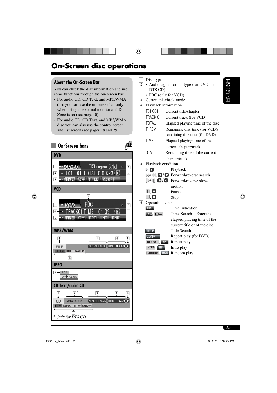 On-screen disc operations, English, On-screen bars | About the on-screen bar | JVC KD-AVX1 User Manual | Page 25 / 78