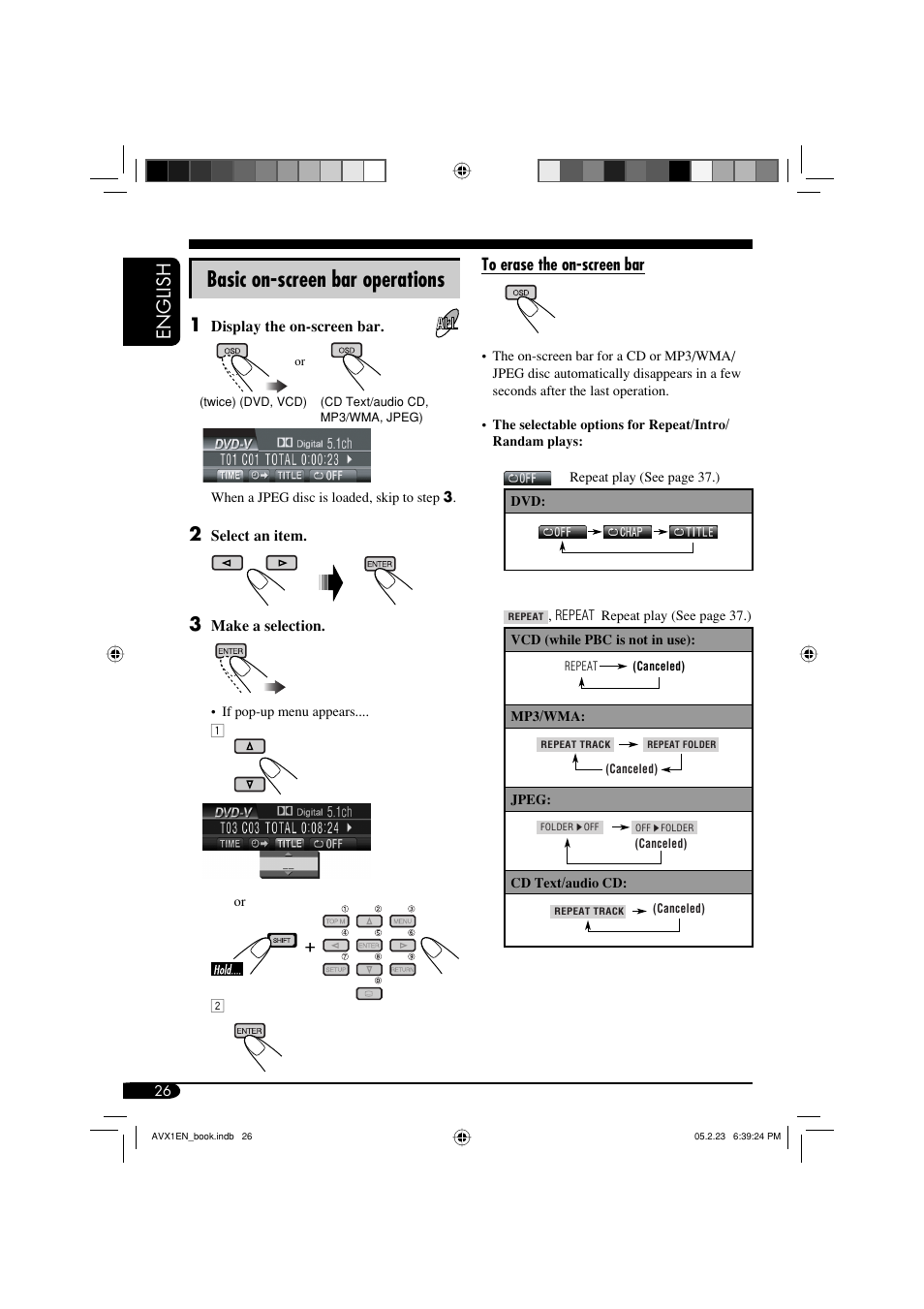 Basic on-screen bar operations, English | JVC KD-AVX1 User Manual | Page 26 / 78