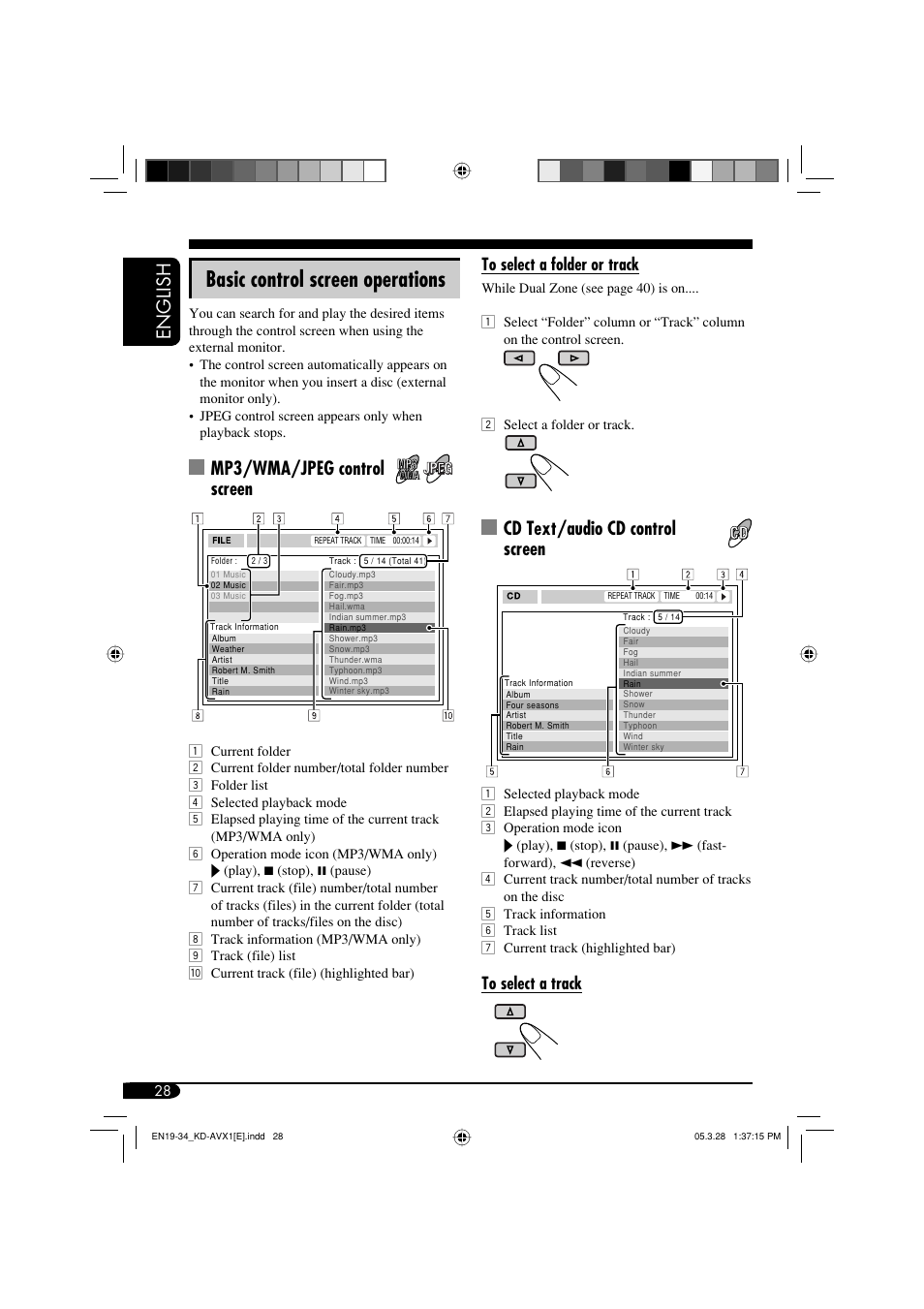 Basic control screen operations, English, Cd text/audio cd control screen | Mp3/wma/jpeg control screen | JVC KD-AVX1 User Manual | Page 28 / 78