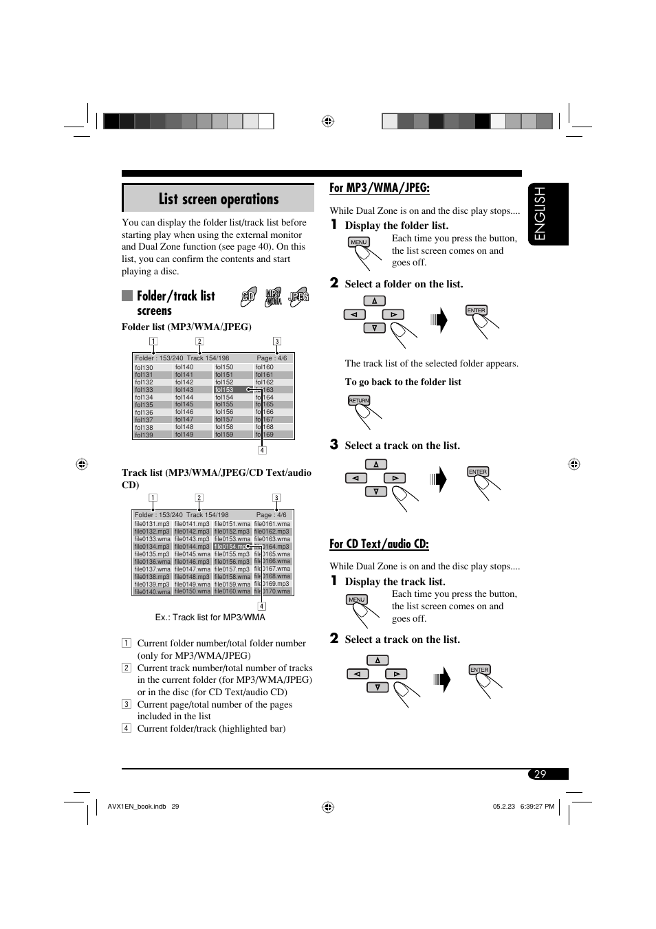 List screen operations, English, Folder/track list screens | JVC KD-AVX1 User Manual | Page 29 / 78