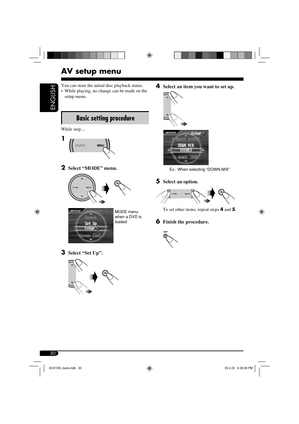 Av setup menu, Basic setting procedure, English 4 | JVC KD-AVX1 User Manual | Page 30 / 78