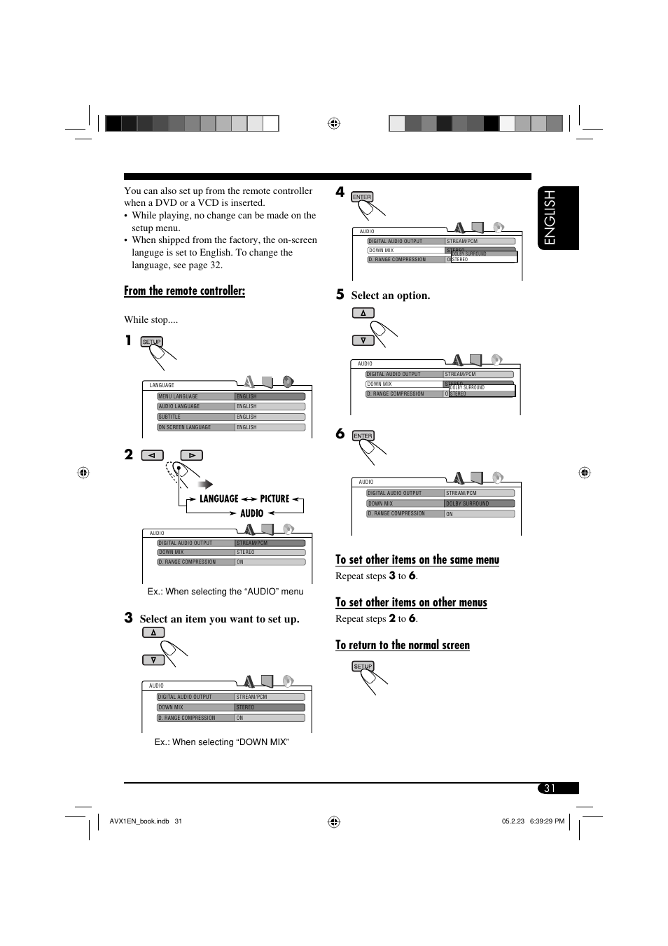 English, Select an item you want to set up, Select an option | JVC KD-AVX1 User Manual | Page 31 / 78