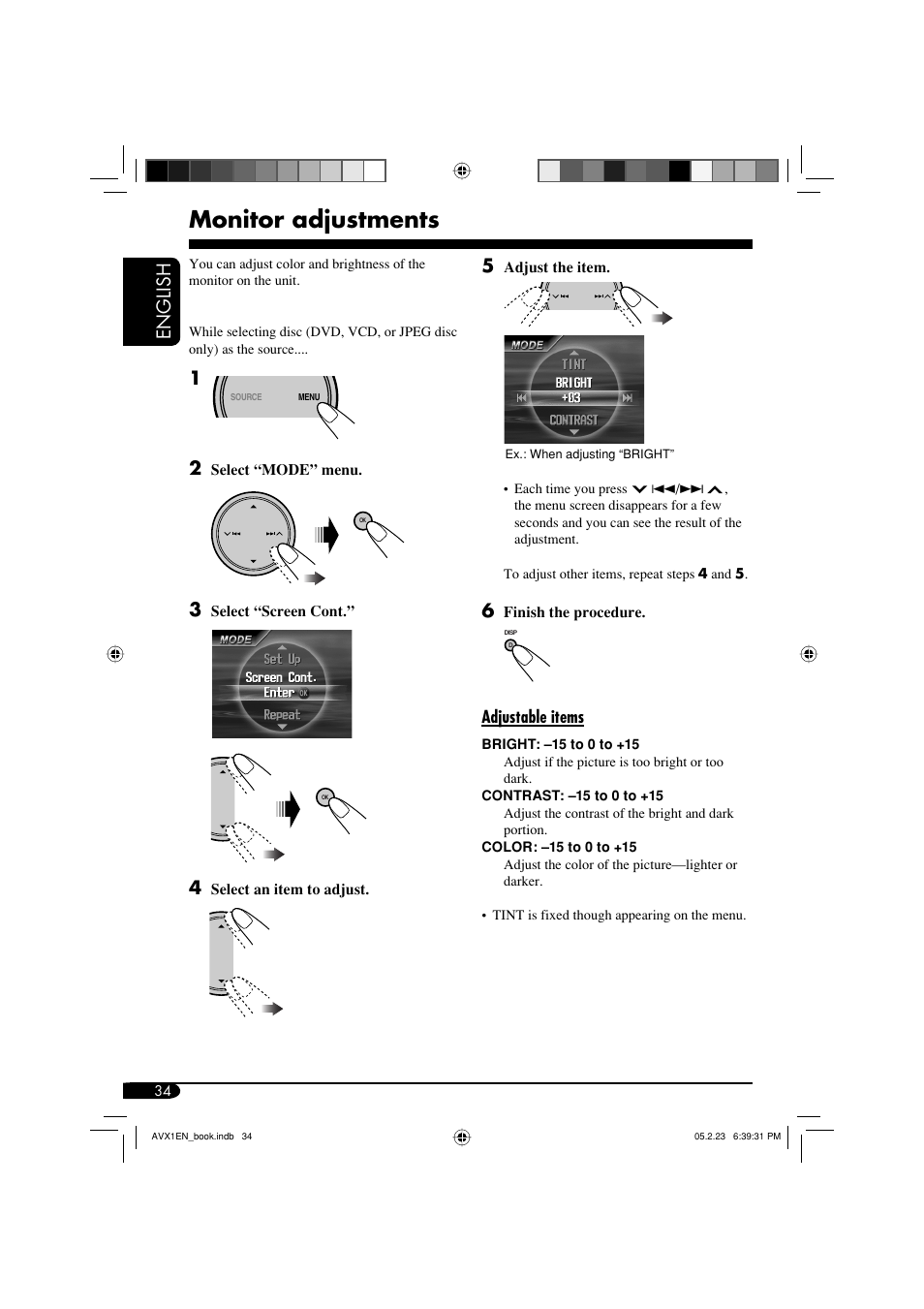 Monitor adjustments, English | JVC KD-AVX1 User Manual | Page 34 / 78