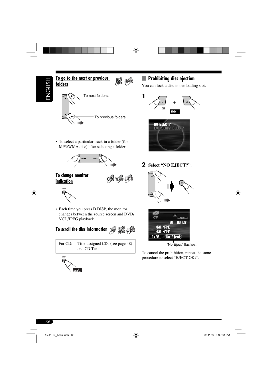 English, Prohibiting disc ejection | JVC KD-AVX1 User Manual | Page 36 / 78