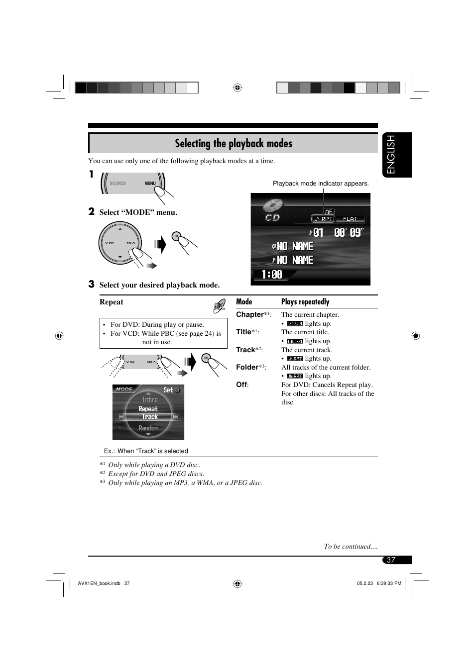 Selecting the playback modes, English | JVC KD-AVX1 User Manual | Page 37 / 78