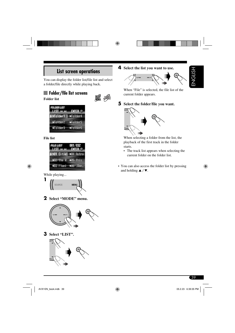 List screen operations, English 4, Folder/file list screens | JVC KD-AVX1 User Manual | Page 39 / 78