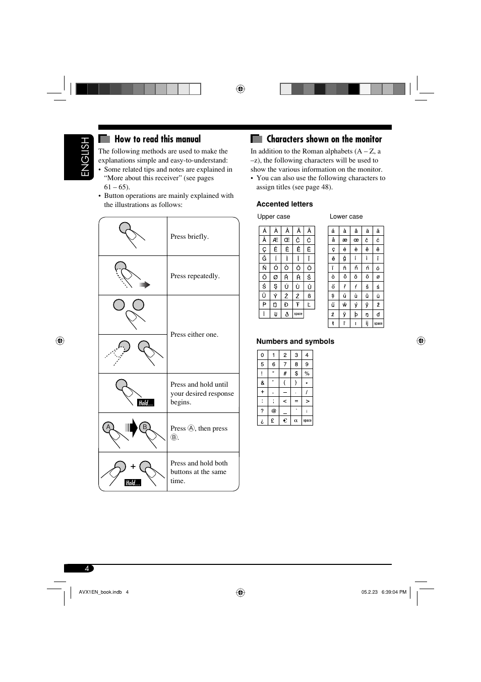 English characters shown on the monitor, How to read this manual | JVC KD-AVX1 User Manual | Page 4 / 78