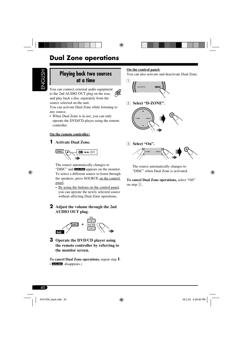 Dual zone operations, Playing back two sources at a time, English | JVC KD-AVX1 User Manual | Page 40 / 78