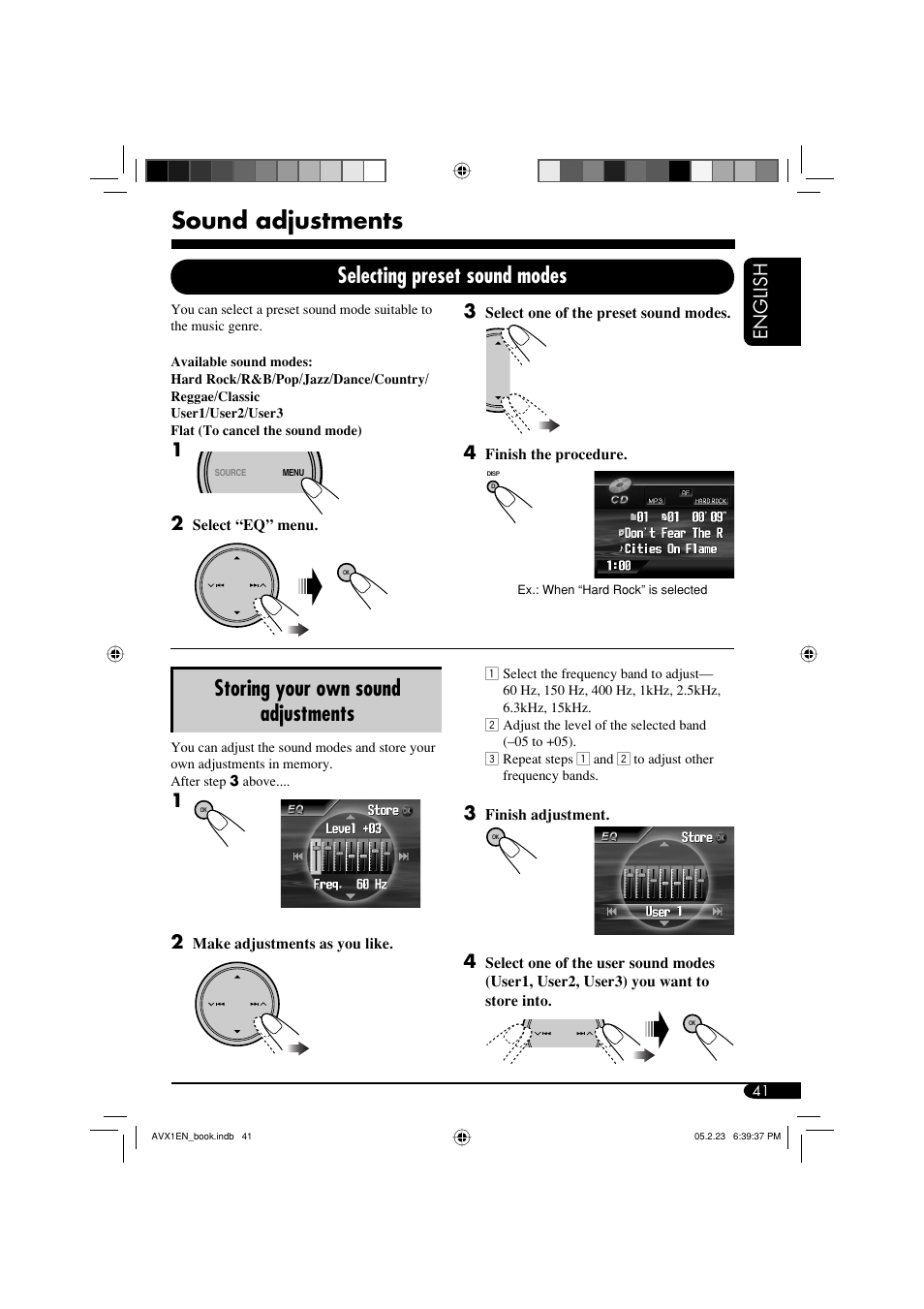 Sound adjustments, Selecting preset sound modes, Storing your own sound adjustments | English | JVC KD-AVX1 User Manual | Page 41 / 78