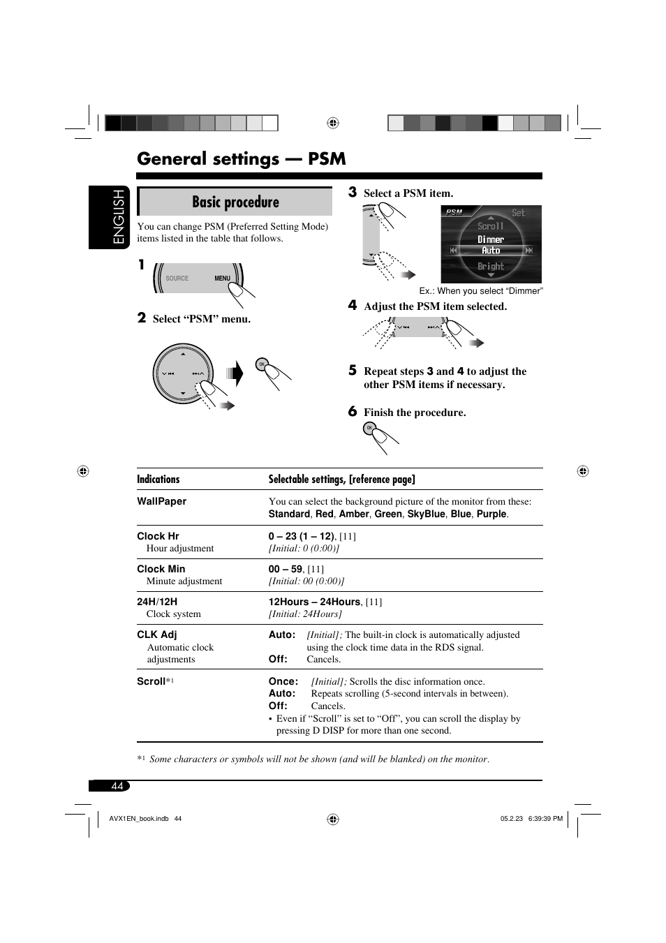 General settings — psm, Basic procedure, English | JVC KD-AVX1 User Manual | Page 44 / 78