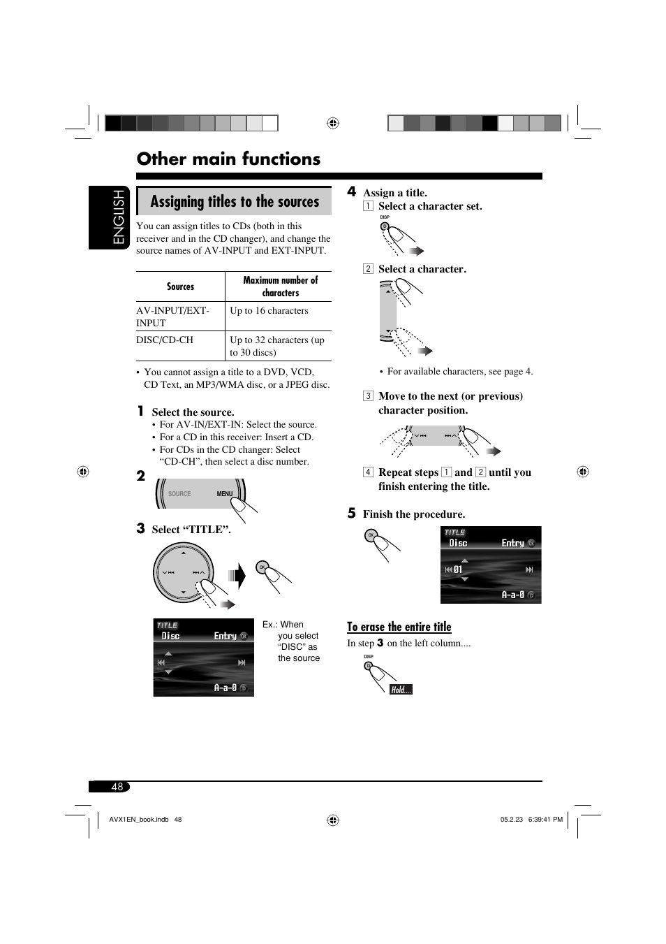 Other main functions, Assigning titles to the sources, English | JVC KD-AVX1 User Manual | Page 48 / 78