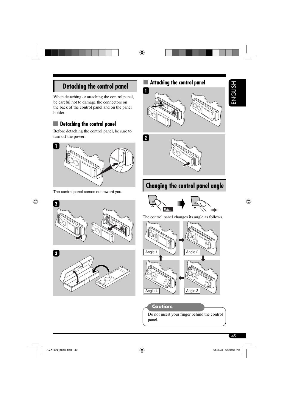 Detaching the control panel, Changing the control panel angle, English | Attaching the control panel | JVC KD-AVX1 User Manual | Page 49 / 78