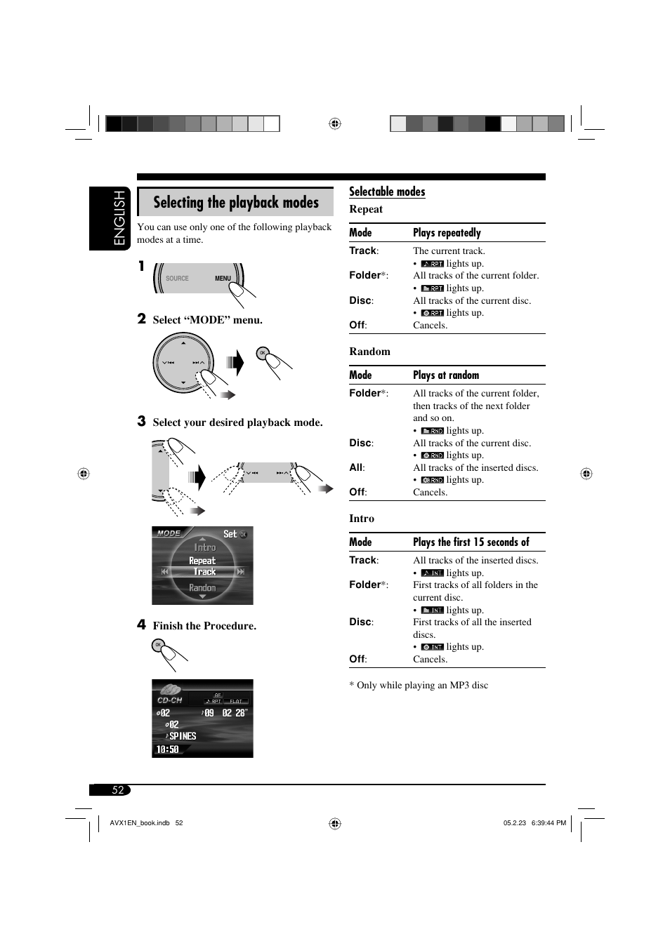 Selecting the playback modes, English | JVC KD-AVX1 User Manual | Page 52 / 78