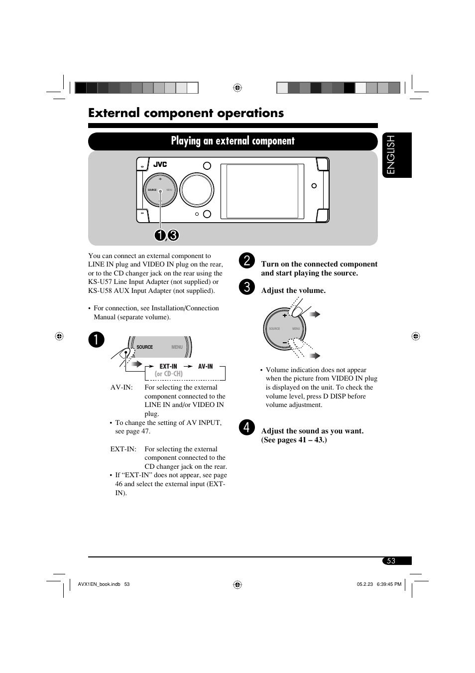 External component operations, Playing an external component, English | JVC KD-AVX1 User Manual | Page 53 / 78