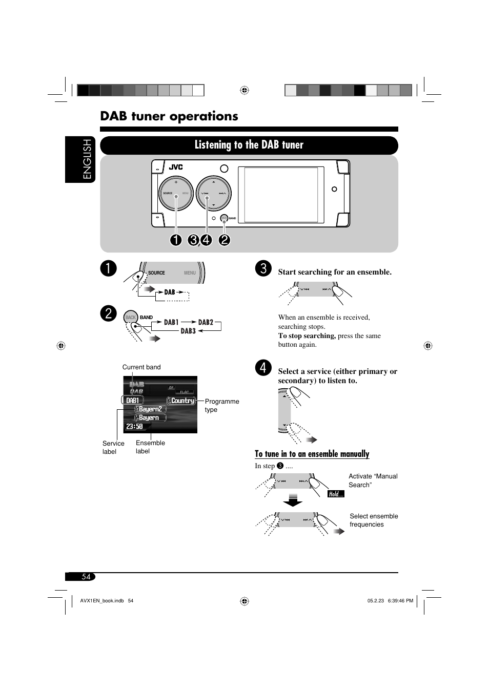 Dab tuner operations, Listening to the dab tuner, English | JVC KD-AVX1 User Manual | Page 54 / 78