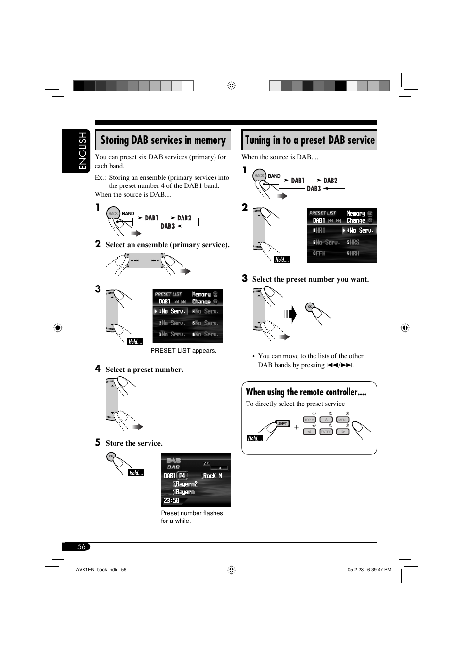 Tuning in to a preset dab service, English, When using the remote controller | JVC KD-AVX1 User Manual | Page 56 / 78