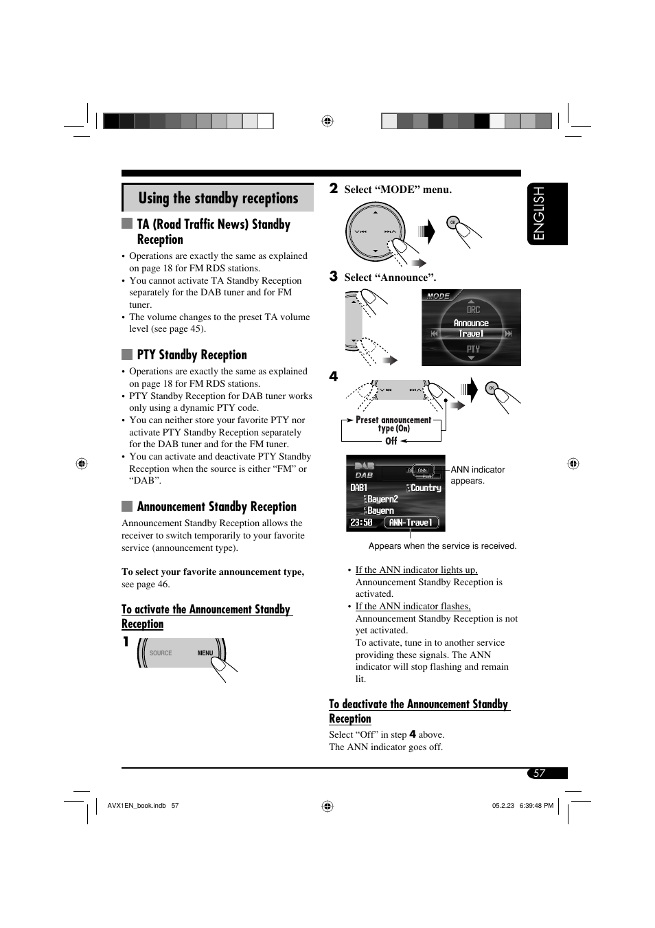 Using the standby receptions, English 2, Ta (road traffic news) standby reception | Pty standby reception, Announcement standby reception | JVC KD-AVX1 User Manual | Page 57 / 78