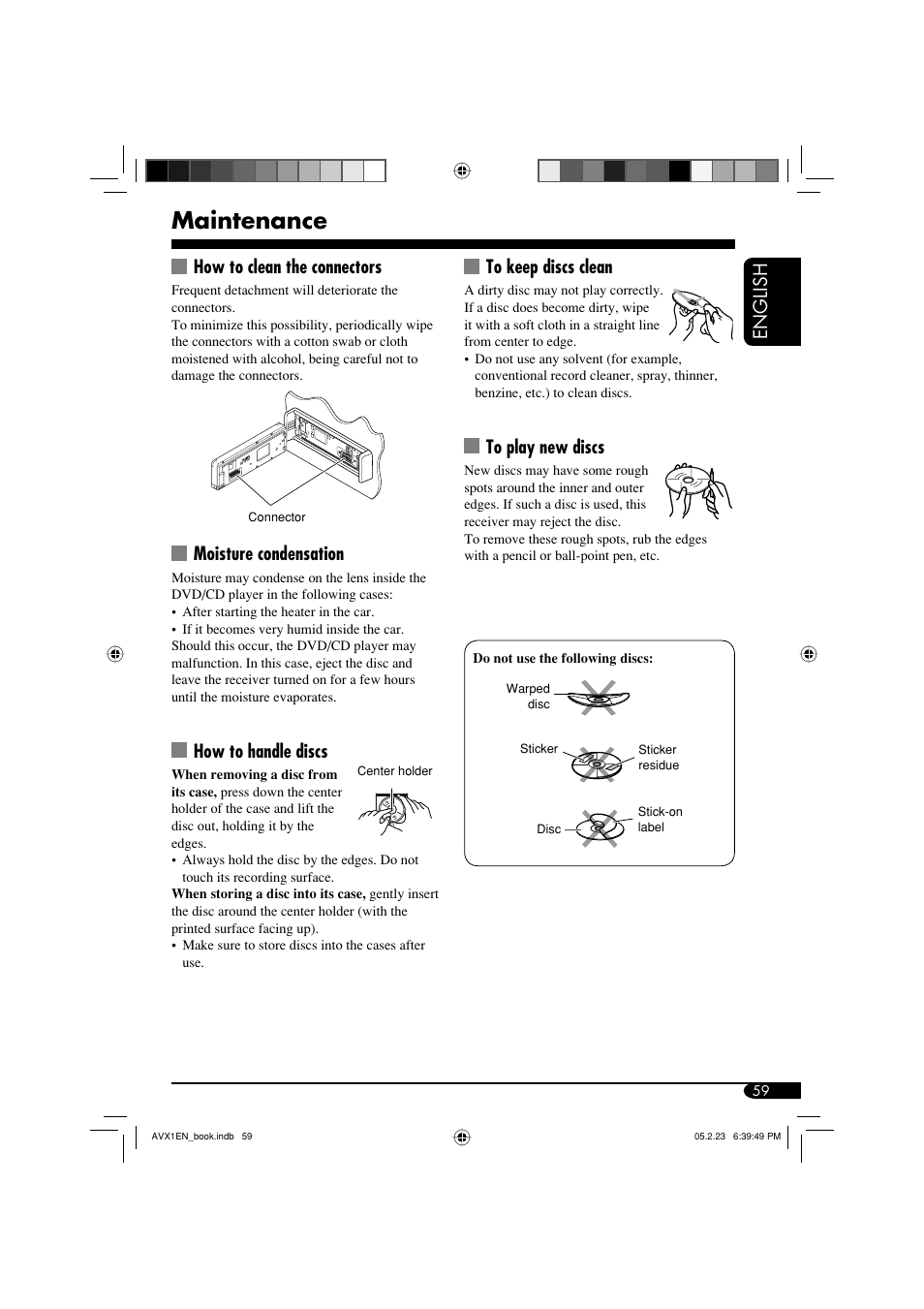 Maintenance, English to keep discs clean, How to clean the connectors | Moisture condensation, How to handle discs | JVC KD-AVX1 User Manual | Page 59 / 78