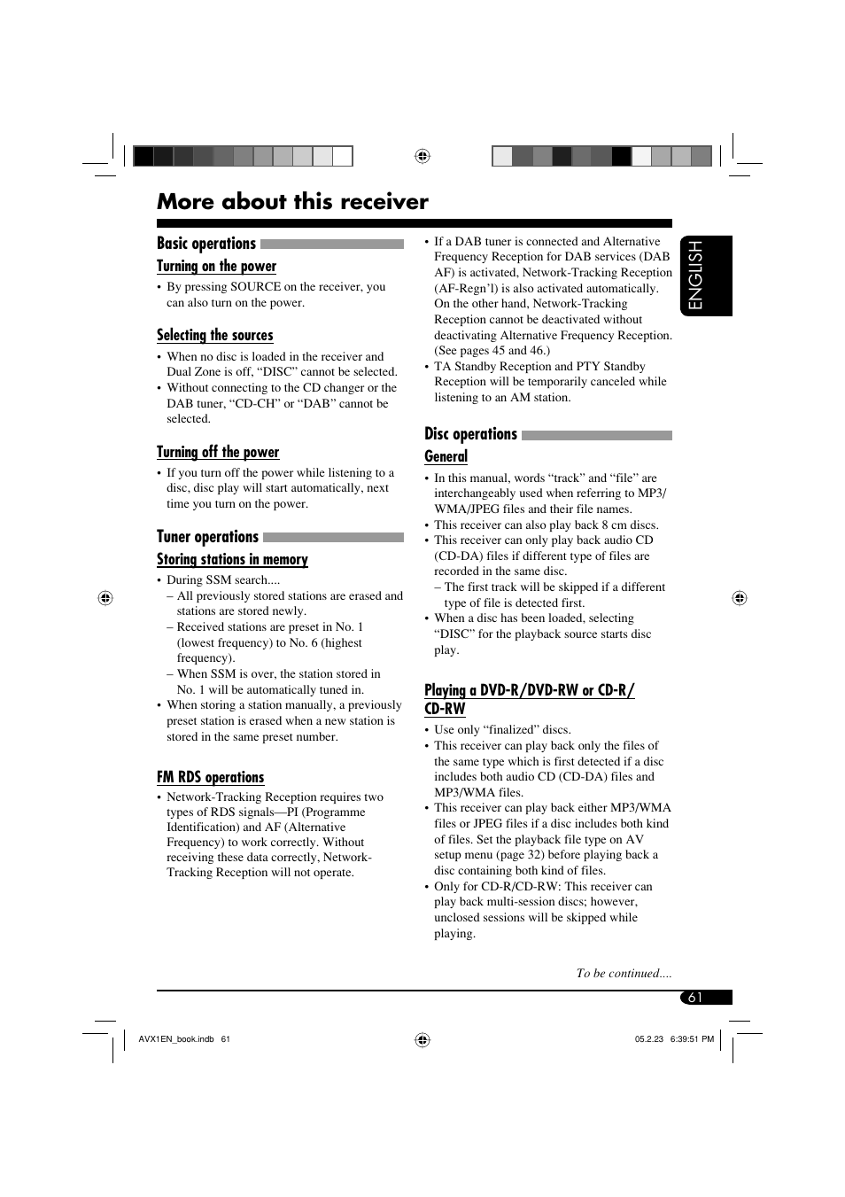 More about this receiver, English, Basic operations | Tuner operations, Disc operations | JVC KD-AVX1 User Manual | Page 61 / 78