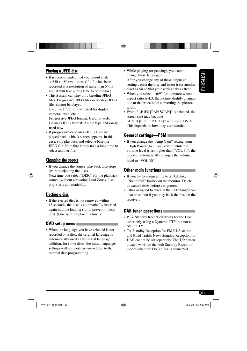 English, General settings—psm, Other main functions | Dab tuner operations, Dvd setup menu | JVC KD-AVX1 User Manual | Page 63 / 78