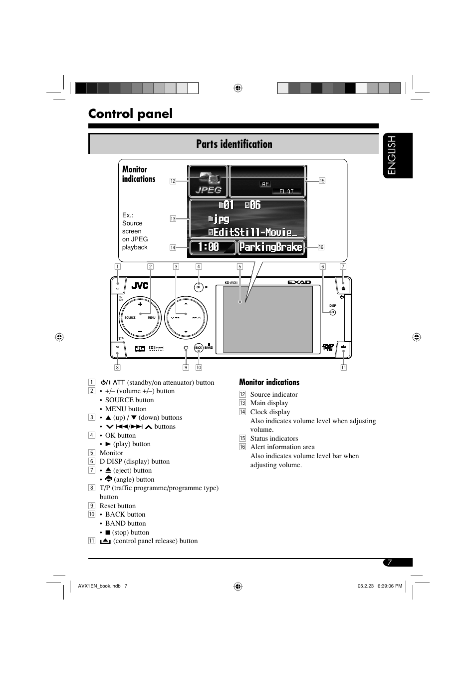 Control panel, Parts identification, English | Monitor indications | JVC KD-AVX1 User Manual | Page 7 / 78