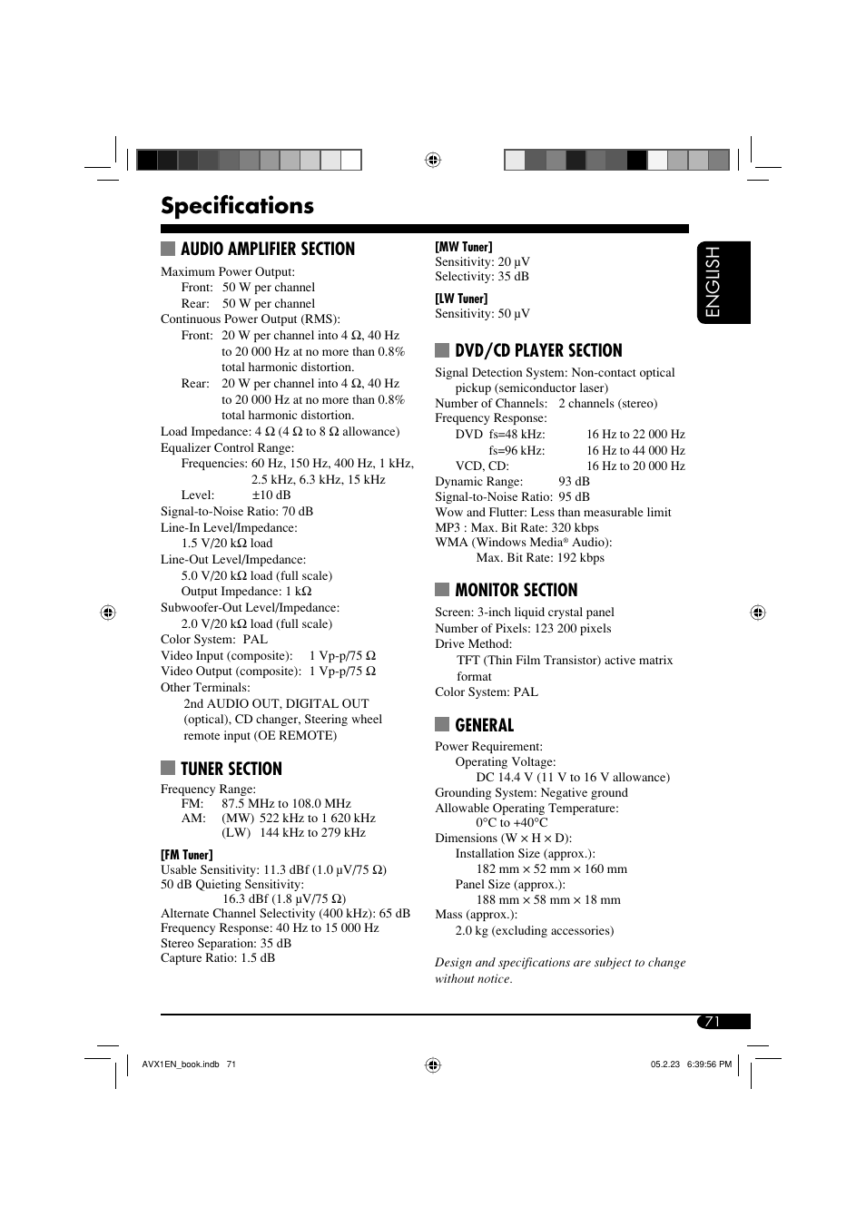 Specifications, English, General | JVC KD-AVX1 User Manual | Page 71 / 78