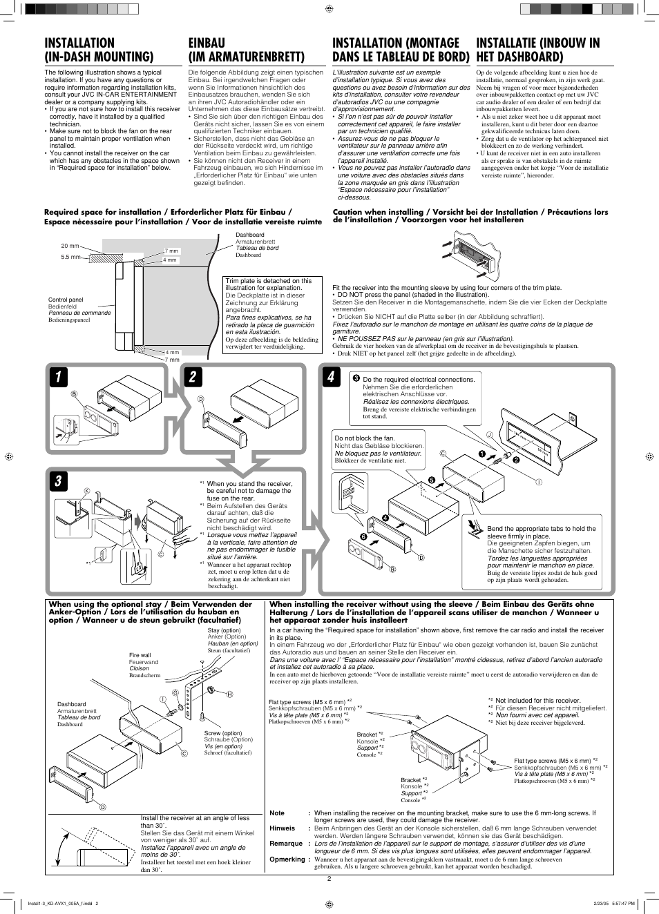 Installation, Installation (in-dash mounting), Einbau (im armaturenbrett) | Installation (montage dans le tableau de bord), Installatie (inbouw in het dashboard) | JVC KD-AVX1 User Manual | Page 74 / 78