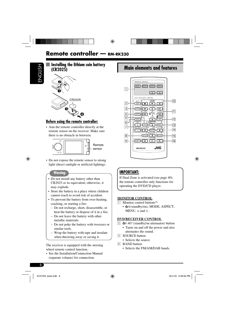Remote controller, Main elements and features, Before using the remote controller | Important, Warning, Rm-rk230 | JVC KD-AVX1 User Manual | Page 8 / 78