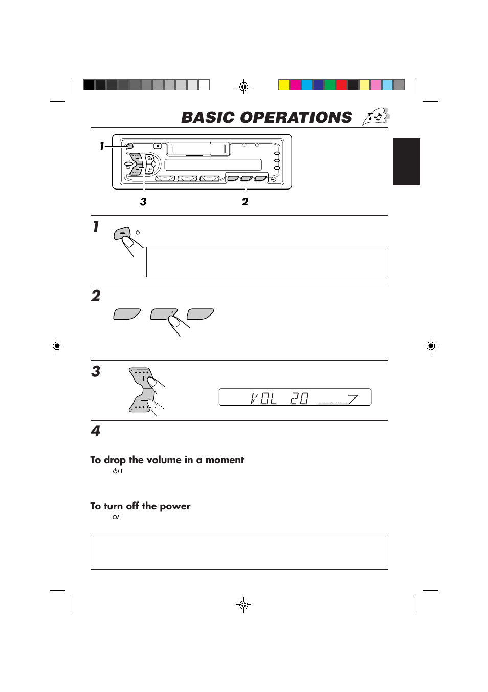 Basic operations, Turn on the power, Select the source | Adjust the volume, Adjust the sound as you want (see pages 11 – 13) | JVC KS-FX230 User Manual | Page 3 / 22