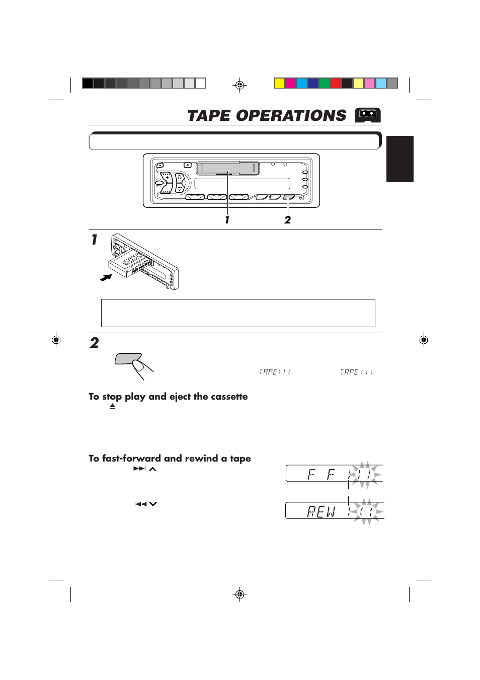 Tape operations, Listening to a tape, Insert a cassette | Select the tape direction | JVC KS-FX230 User Manual | Page 9 / 22
