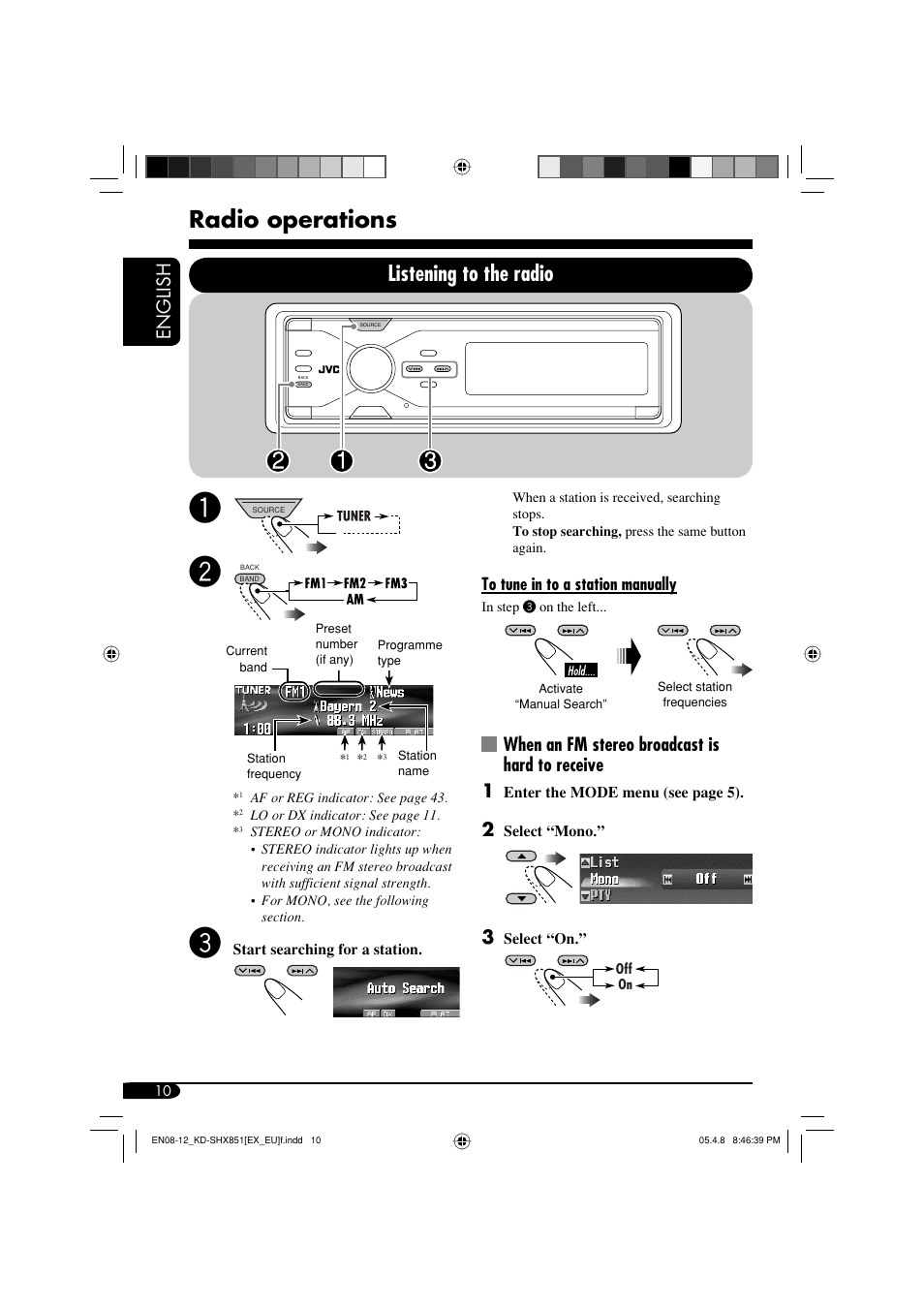 Radio operations, Listening to the radio, English | When an fm stereo broadcast is hard to receive 1 | JVC EXAD LVT1372-003A User Manual | Page 10 / 72