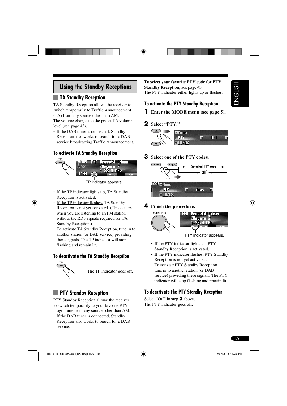 Using the standby receptions, English, Ta standby reception | Pty standby reception | JVC EXAD LVT1372-003A User Manual | Page 15 / 72