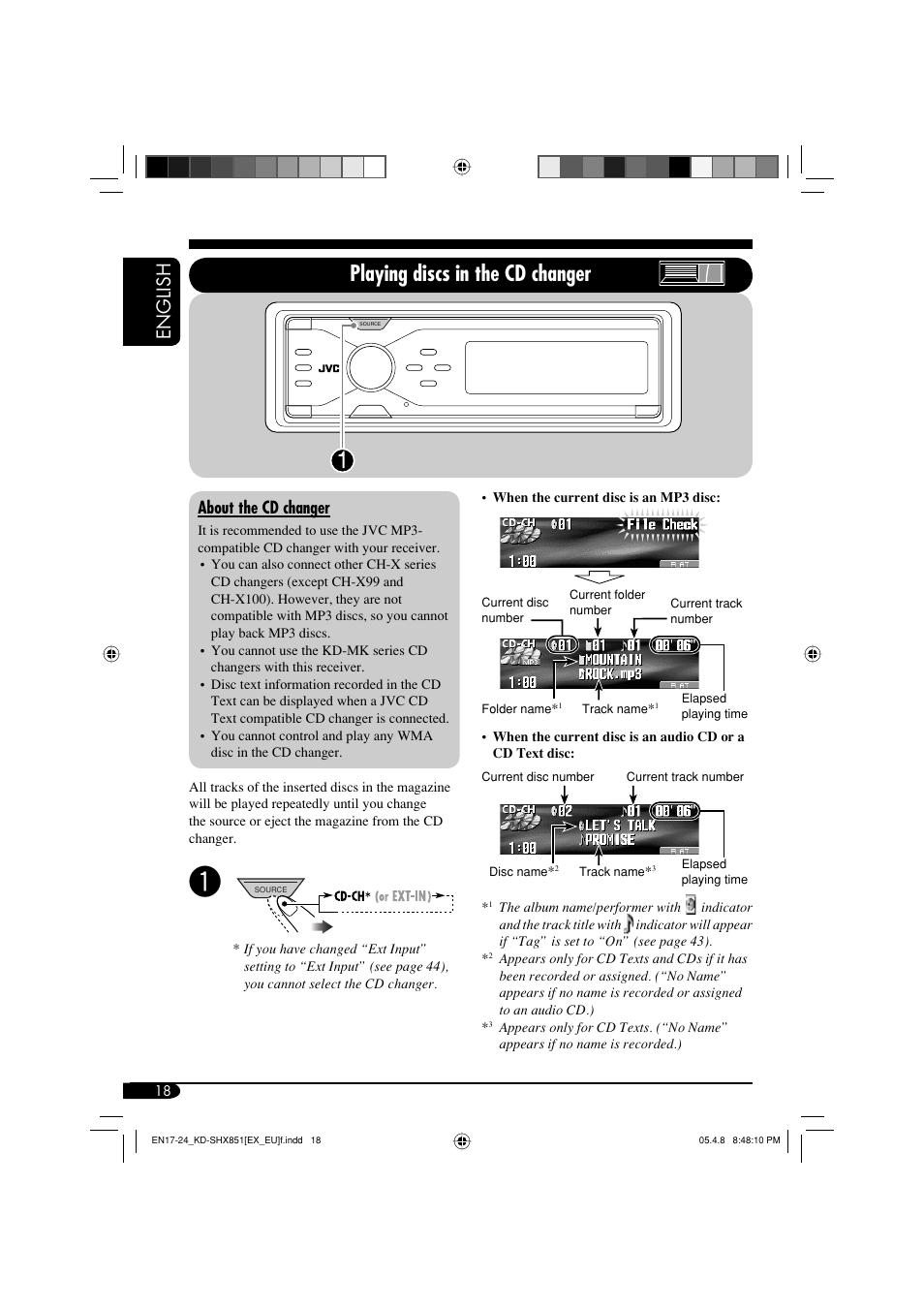 Playing discs in the cd changer, English, About the cd changer | JVC EXAD LVT1372-003A User Manual | Page 18 / 72