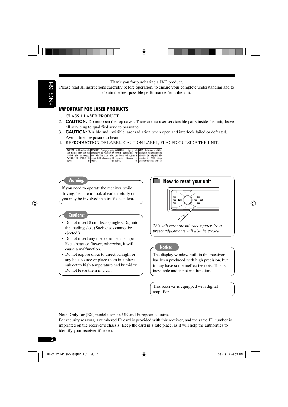 Important for laser products, English how to reset your unit | JVC EXAD LVT1372-003A User Manual | Page 2 / 72