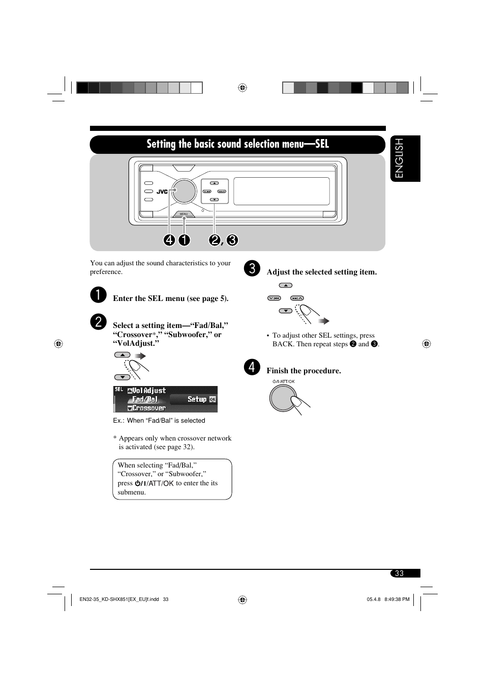 Setting the basic sound selection menu—sel | JVC EXAD LVT1372-003A User Manual | Page 33 / 72