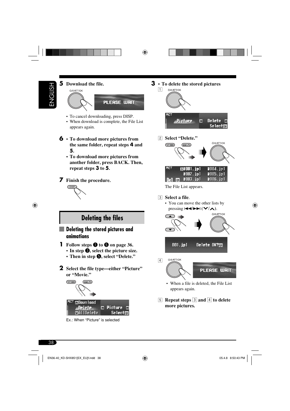 Deleting the fi les, English 5, Deleting the stored pictures and animations 1 | JVC EXAD LVT1372-003A User Manual | Page 38 / 72