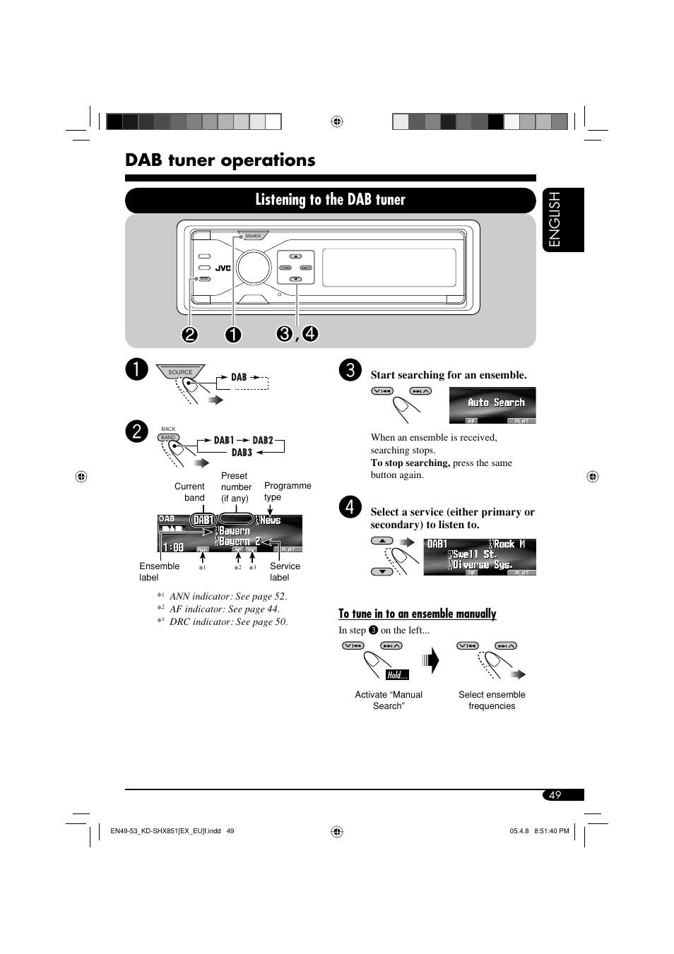 Dab tuner operations, Listening to the dab tuner, English | JVC EXAD LVT1372-003A User Manual | Page 49 / 72