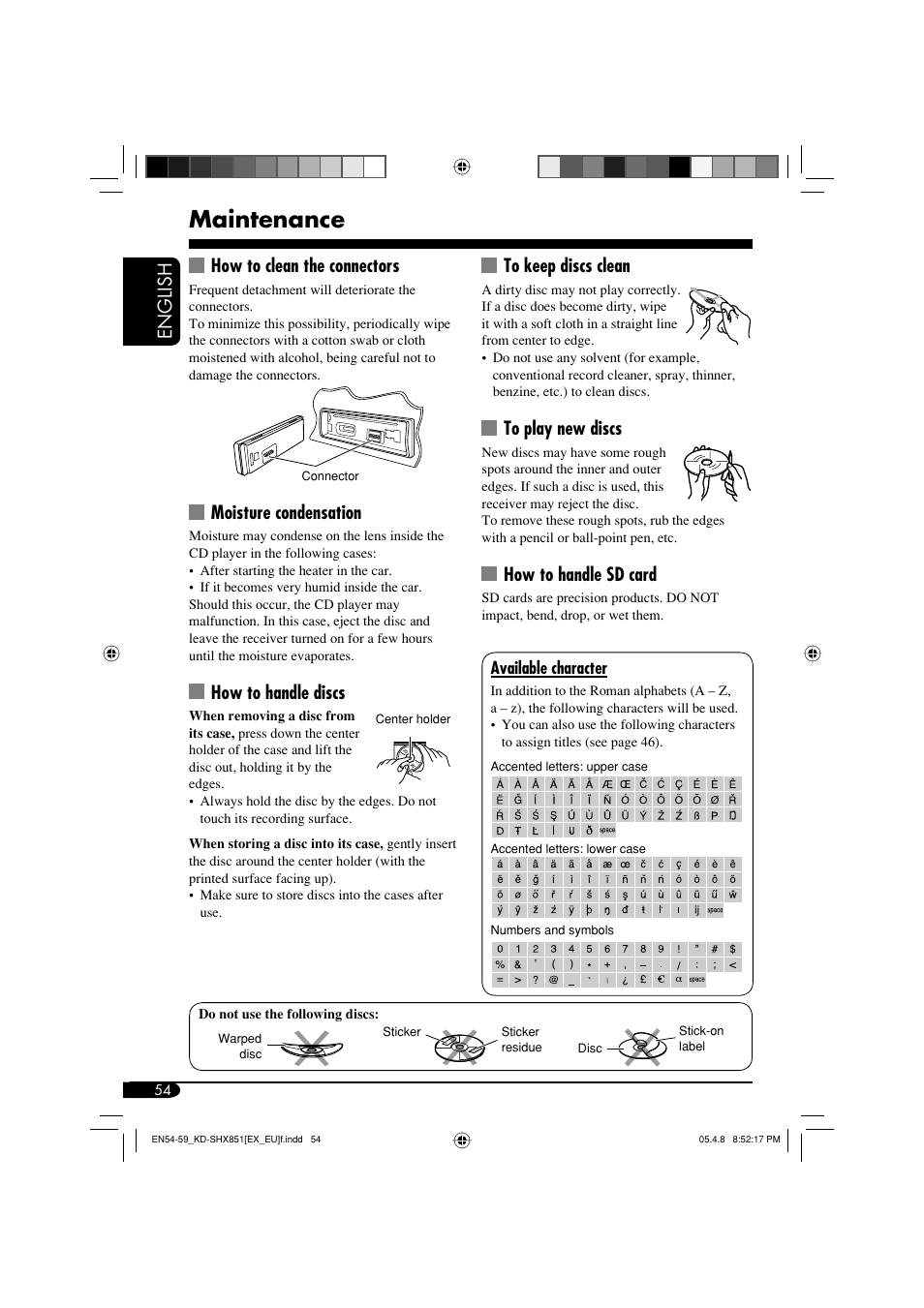 Maintenance, English to keep discs clean, How to handle sd card | How to clean the connectors, Moisture condensation, How to handle discs | JVC EXAD LVT1372-003A User Manual | Page 54 / 72
