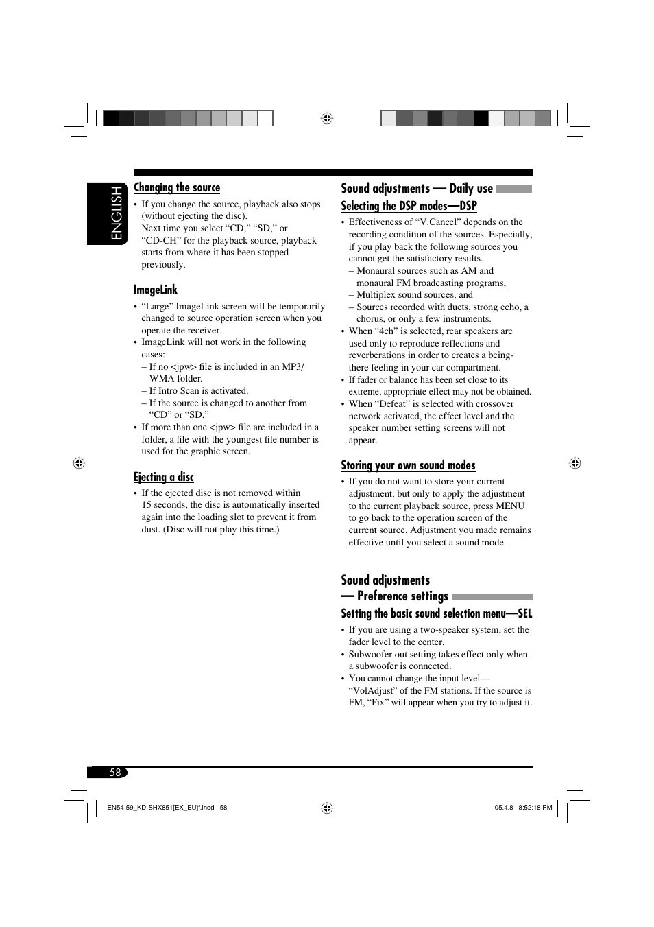 English sound adjustments — daily use, Sound adjustments — preference settings | JVC EXAD LVT1372-003A User Manual | Page 58 / 72