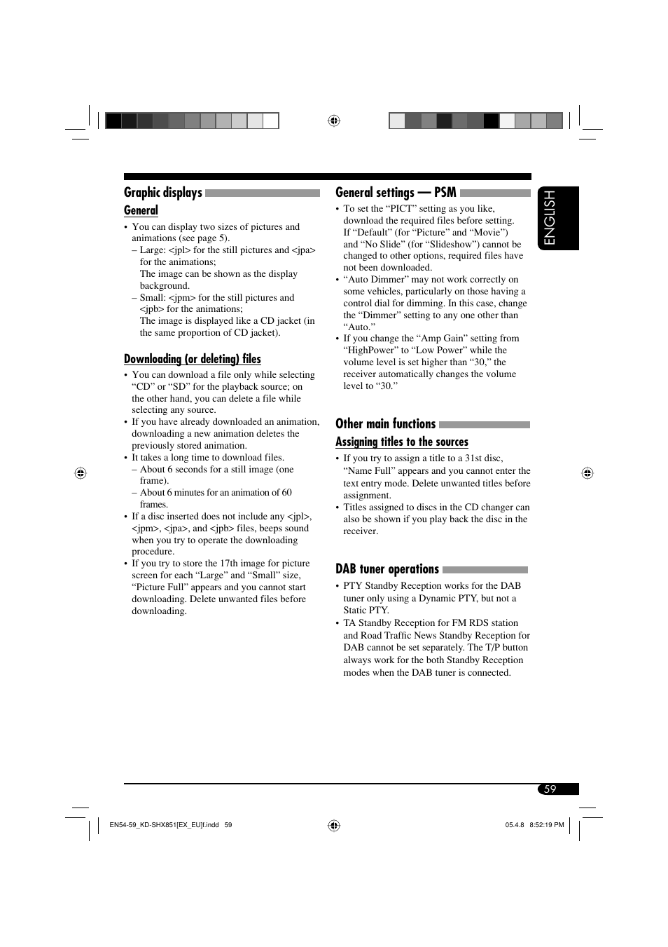 English general settings — psm, Other main functions, Dab tuner operations | Graphic displays | JVC EXAD LVT1372-003A User Manual | Page 59 / 72