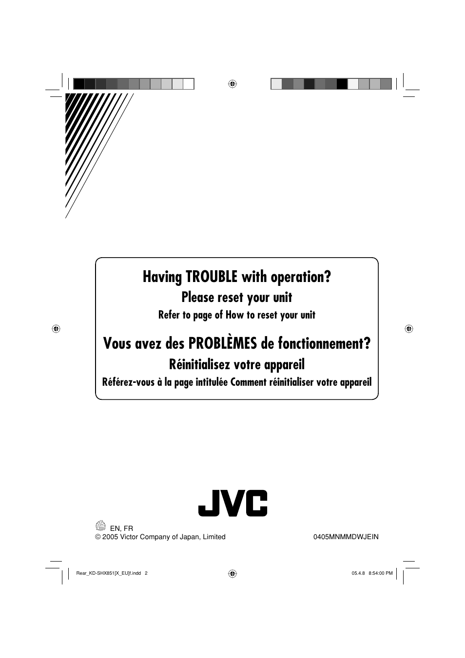 Having trouble with operation, Vous avez des problèmes de fonctionnement, Please reset your unit | Réinitialisez votre appareil | JVC EXAD LVT1372-003A User Manual | Page 66 / 72