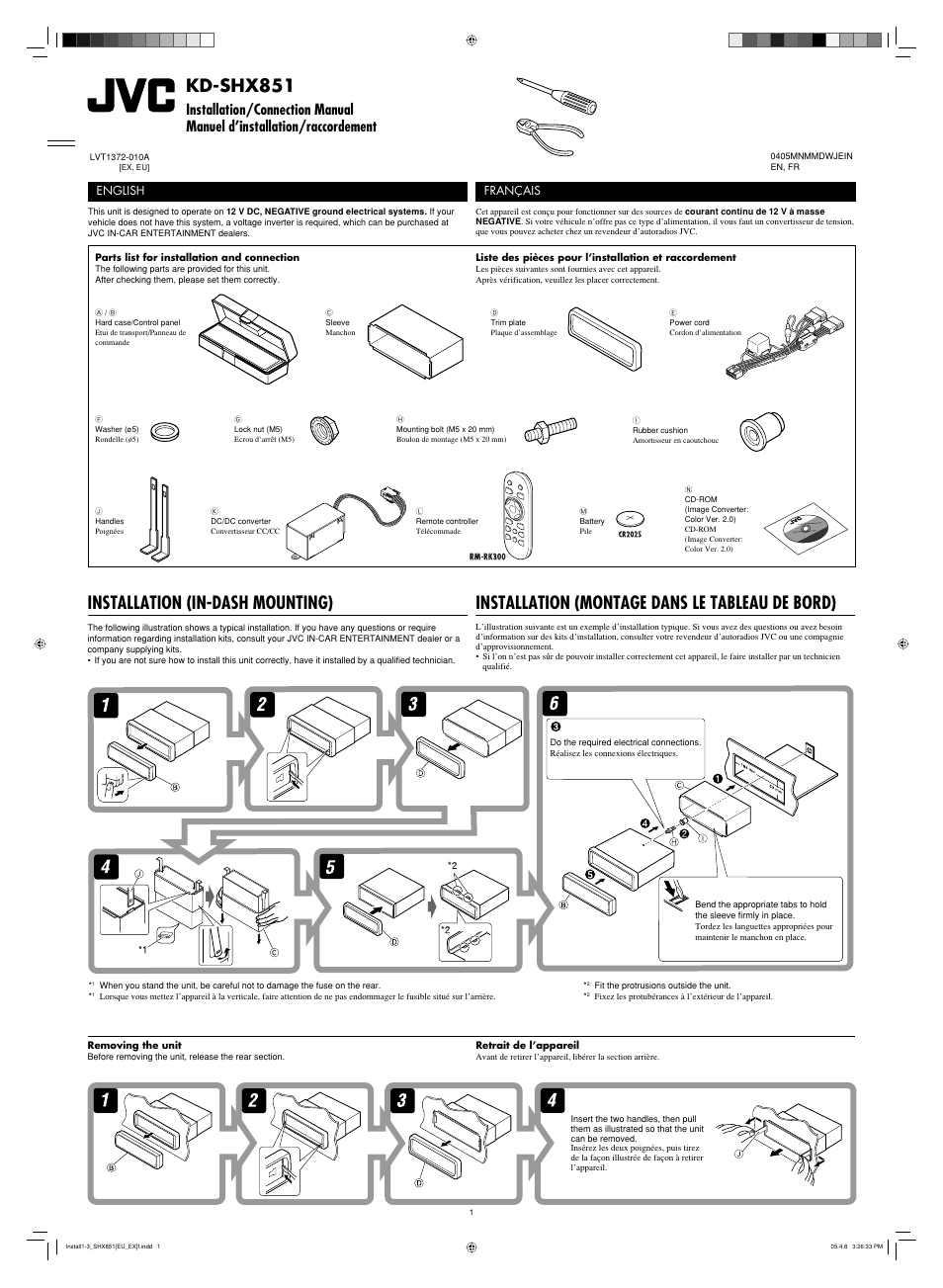 Installation/connection manual, Installation, Installation (in-dash mounting) | Installation (montage dans le tableau de bord), Kd-shx851, English, Français | JVC EXAD LVT1372-003A User Manual | Page 67 / 72