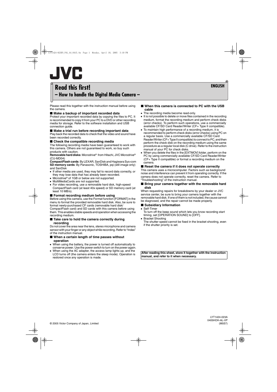 JVC LYT1424-023A User Manual | 1 page