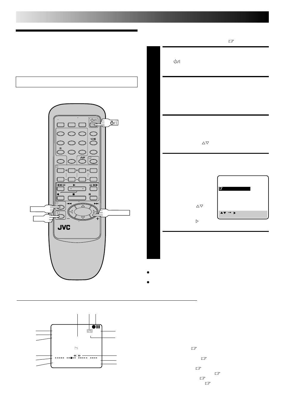 On-screen displays, Turn on the recorder, Access main menu screen | Access mode set screen, Enable/disable on-screen display, Return to normal, Recording (cont.) | JVC HR-J648EH User Manual | Page 20 / 48