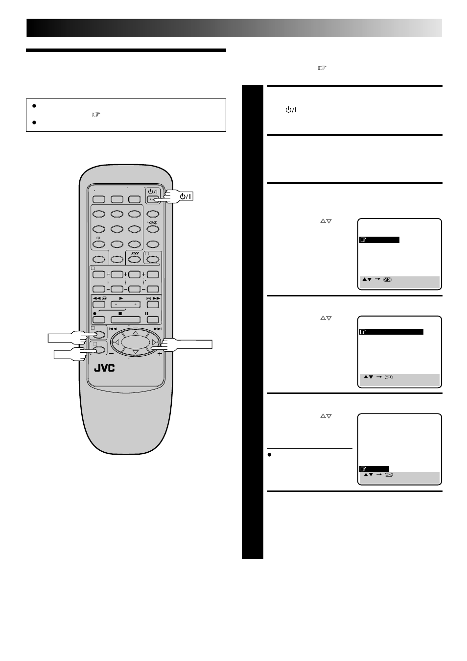 Language, Turn on the recorder, Access main menu | Access country set screen, Select country, Select language, Return to normal screen | JVC HR-J648EH User Manual | Page 7 / 48