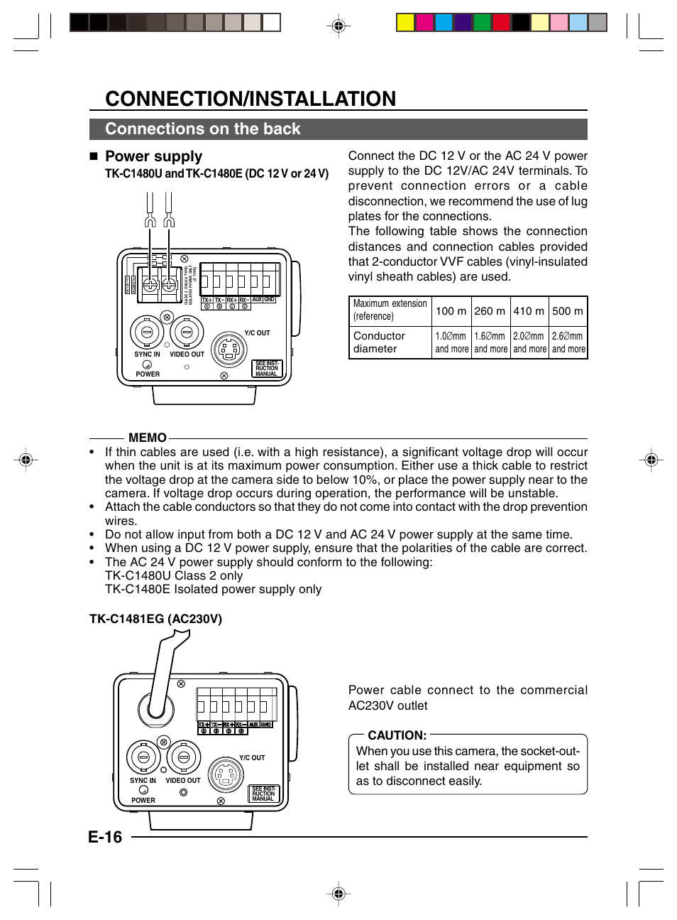 Connection/installation, E-16, Connections on the back | Power supply | JVC TK-C1481 User Manual | Page 16 / 40