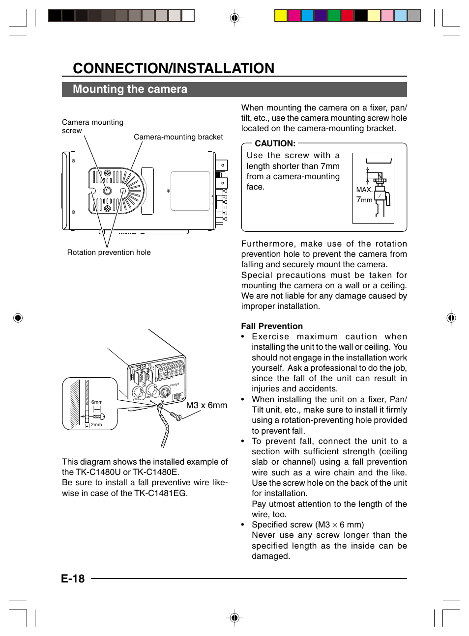 Connection/installation, E-18, Mounting the camera | M3 x 6mm | JVC TK-C1481 User Manual | Page 18 / 40