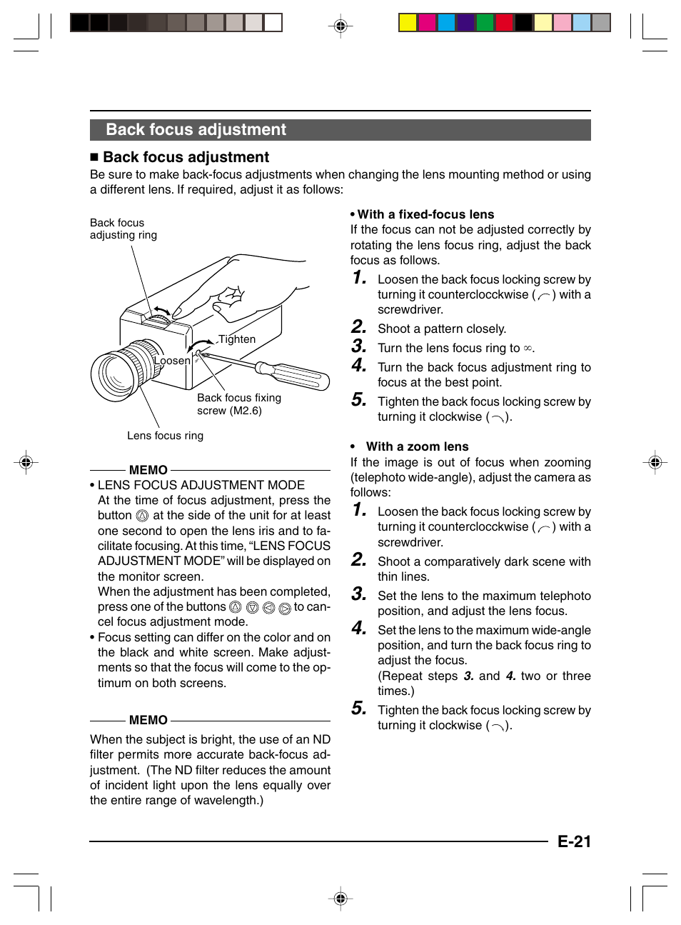 E-21 back focus adjustment | JVC TK-C1481 User Manual | Page 21 / 40